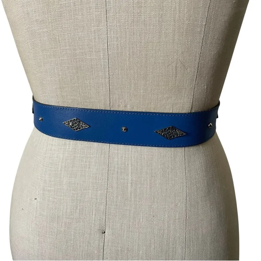 Vintage Christian Aujard Blue Leather Belt with Silver Buckle Size 32